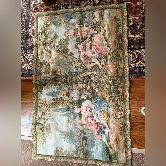 Vintage French Tapestry Wall Hanging - Romantic Pastoral Scene - Picture 4 of 6